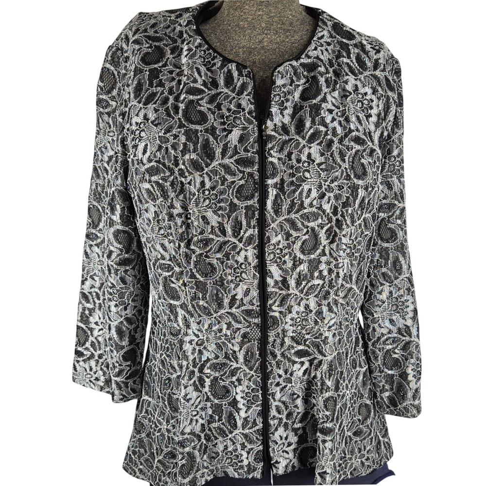 Alex Evenings Lace Jacket Blazer Womens Medium Black Silver Metallic Zip‎ Formal